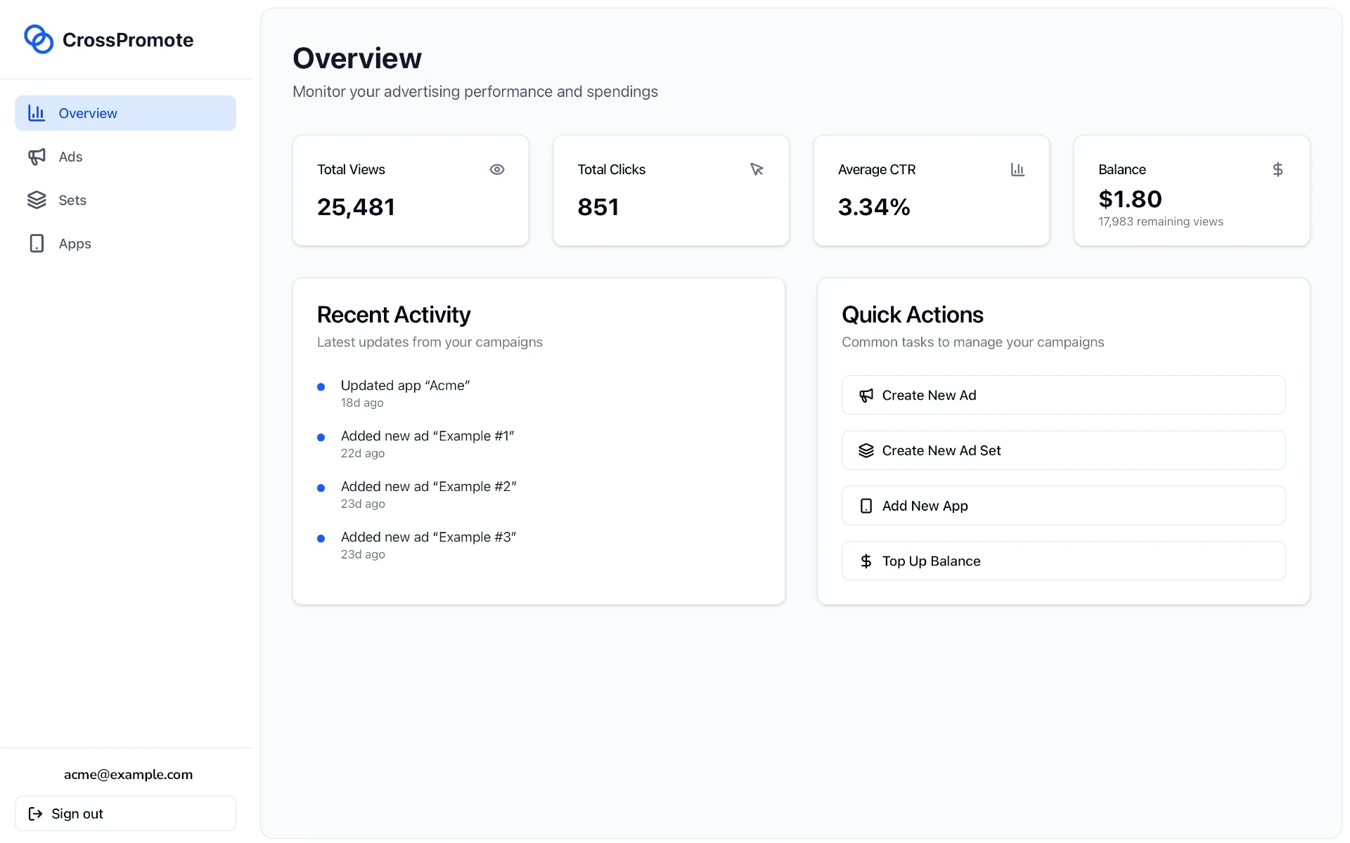 Screenshot of the CrossPromote dashboard